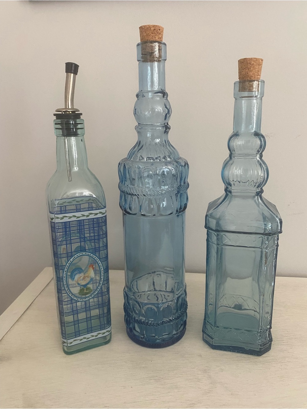 Blue Glass Olive Oil Cruet Bottle and 2 with Cork Tops